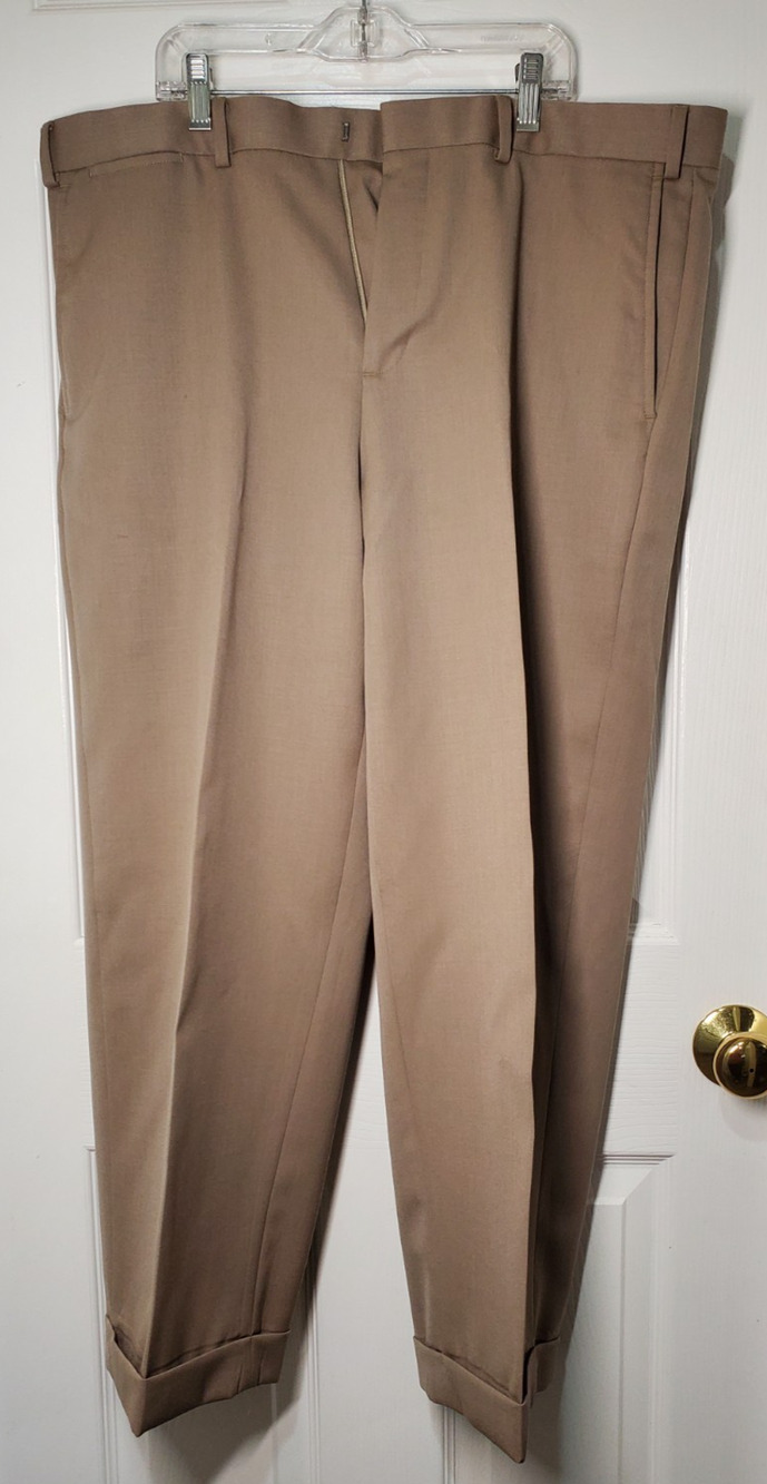 Eddie Bauer Mens 38x27 Wool Gabardine Dress Pants Tan Pleated Cuffed Relaxed Fit